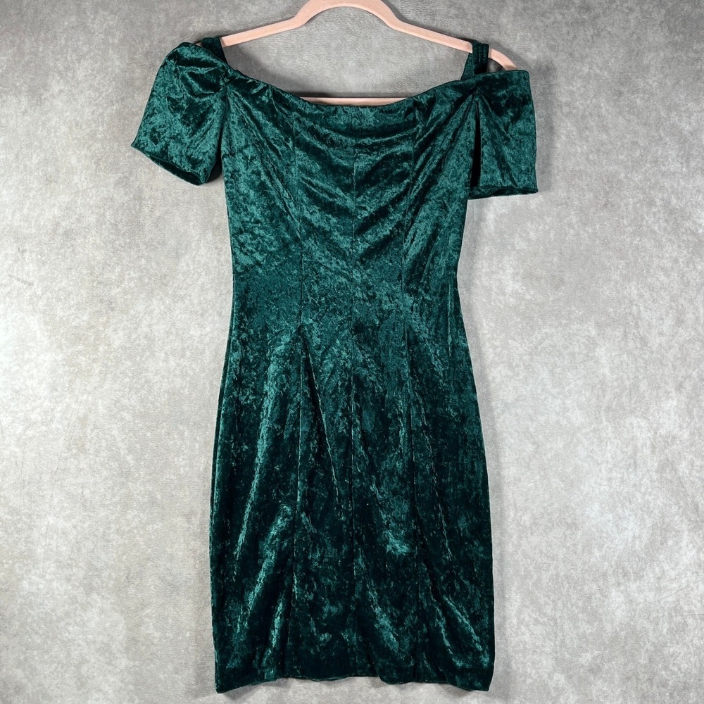 Vintage Marnie West Dress Womens Small Green Crushed Velvet Off Shoulder 80s 90s - Picture 3 of 8